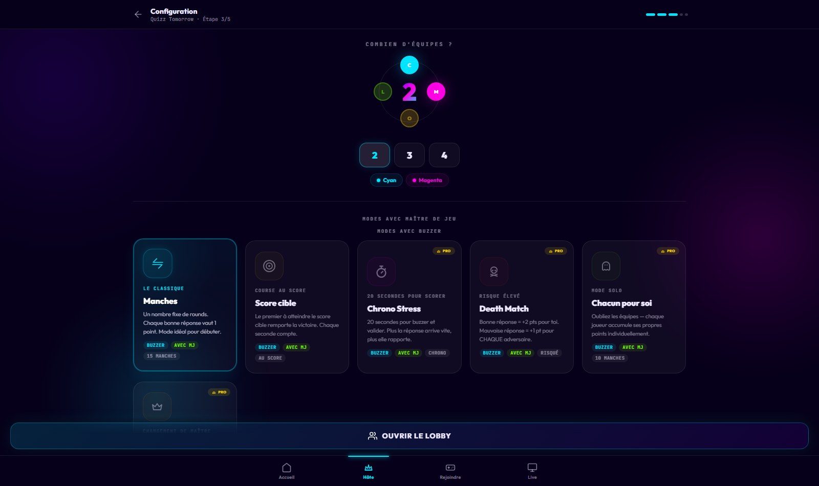 Format animateur — modes au buzzer et répartition en équipes