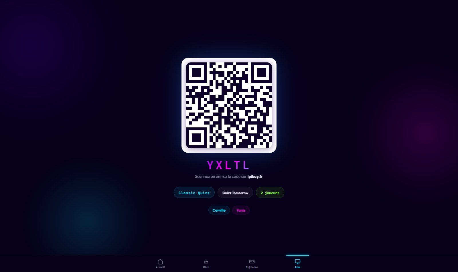 L’écran Live sur la télé : QR code, code de partie, joueurs connectés en direct