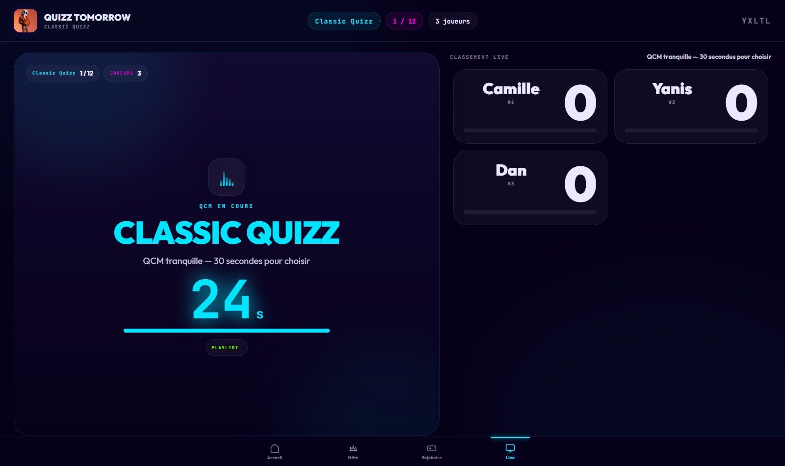Écran Live — QCM en cours, décompte et classement en direct
