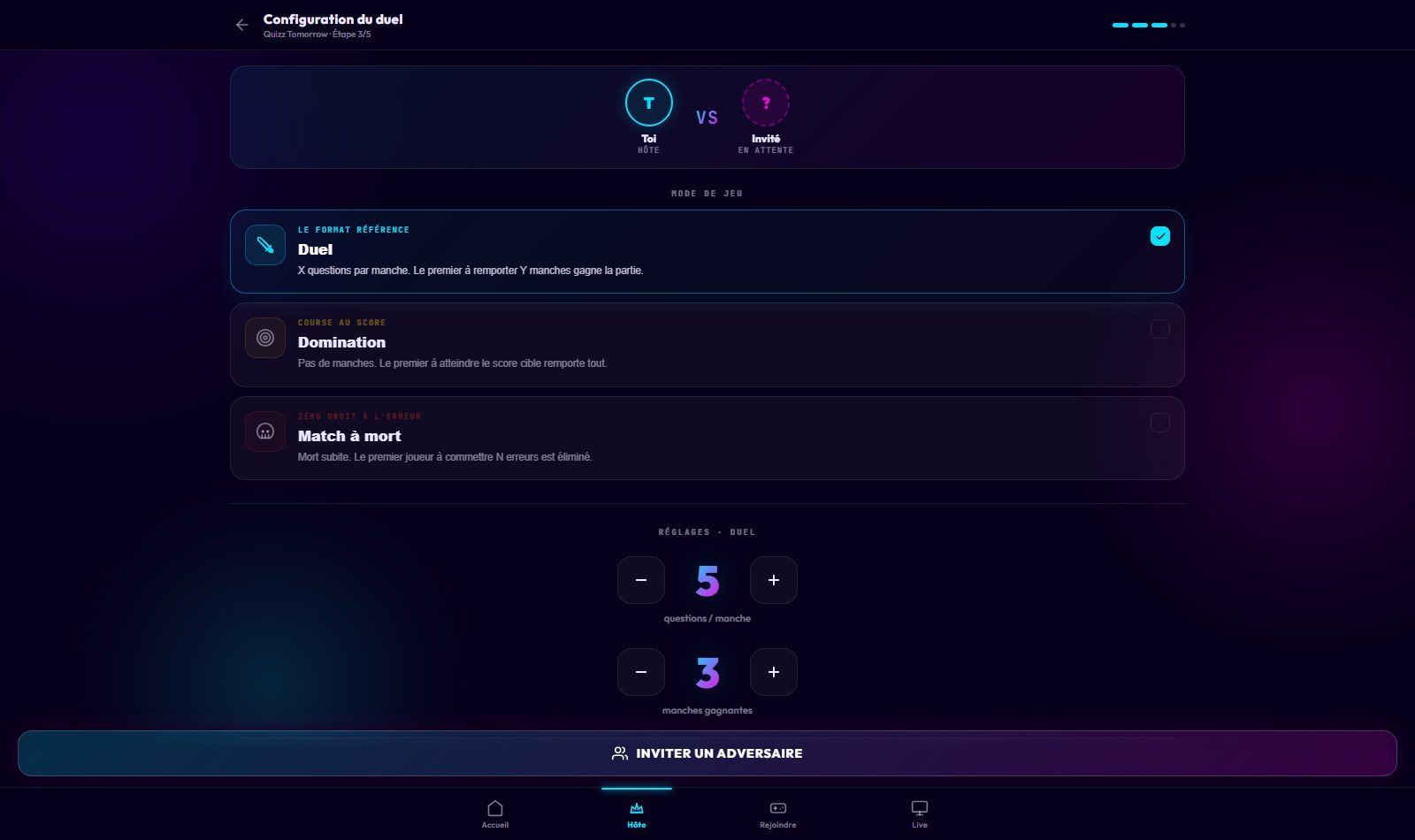 Configuration du duel — Toi contre l’invité, mode et curseurs