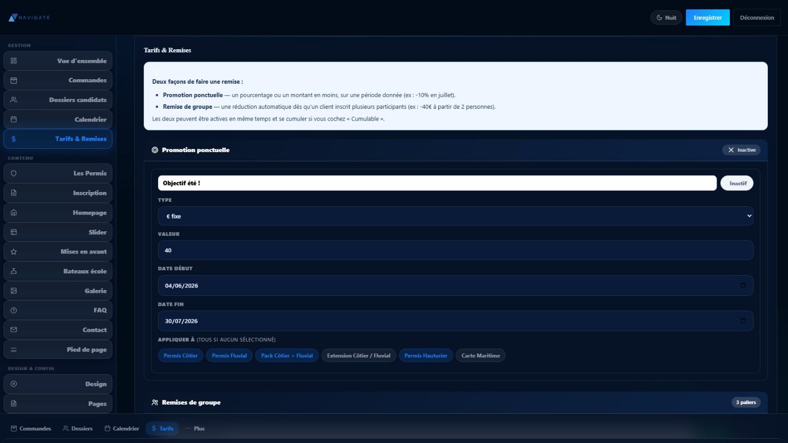 Backoffice — moteur de promotions et paliers de remise
