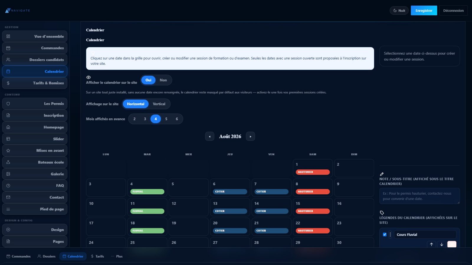Calendrier — sessions par permis, récurrences, places